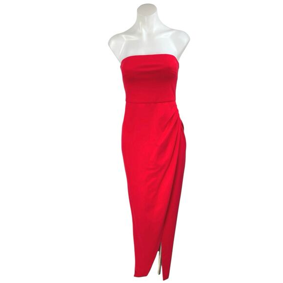 Lulus Red Strapless Sleeveless Bandeau Drape Tube Slit Sheath Maxi Dress Size S - Picture 1 of 5